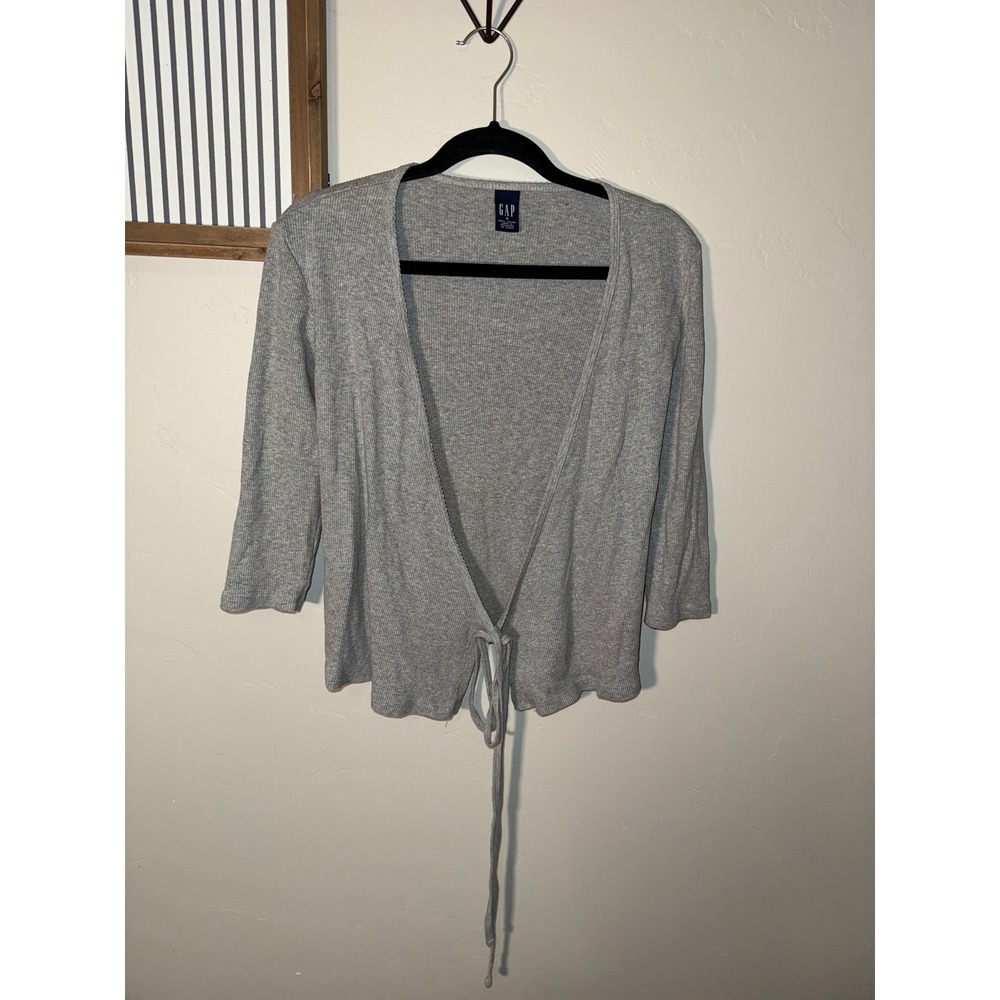 Gap Womens Gray Ribbed‎ Tie Front Cardigan Sweater 100% Cotton Size S
